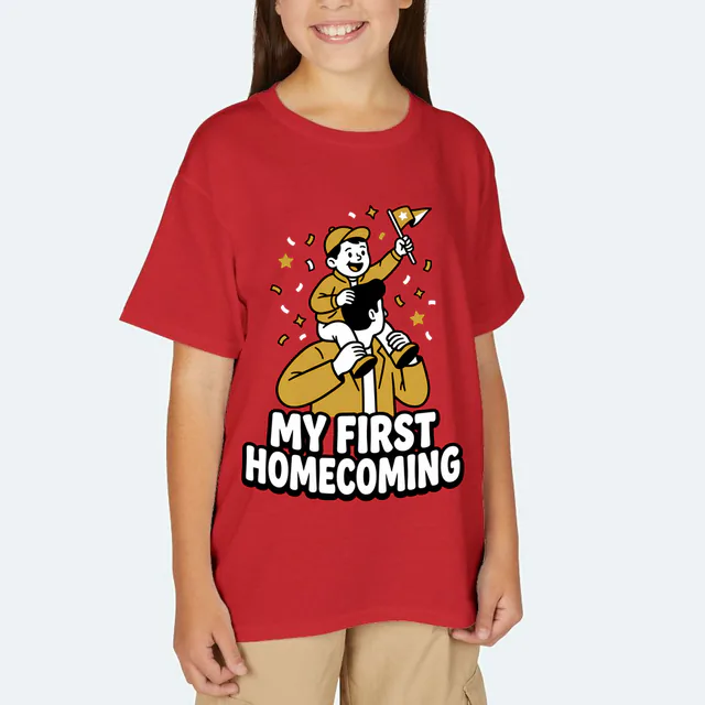 A kid on big shoulders waving at the parade, MY FIRST HOMECOMING, on a red youth t-shirt