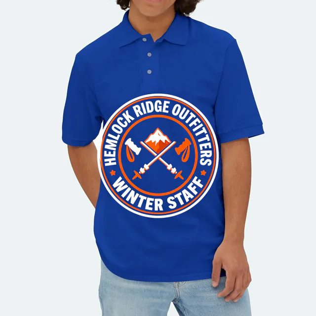 A snowy peak emblem for the Hemlock Ridge Outfitters winter staff, on a royal adult polo