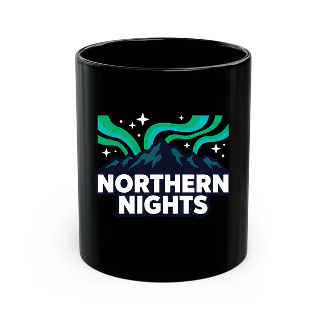 Northern lights over a dark ridge, NORTHERN NIGHTS, on a black mug