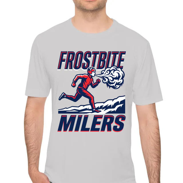 A runner puffing icy breath past a snowbank, FROSTBITE MILERS, on a silver performance tee