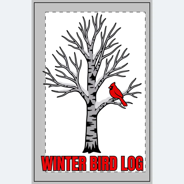 A cardinal on a snowy birch branch, WINTER BIRD LOG, on a white dotted notebook