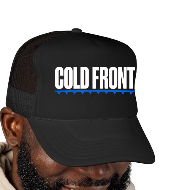 A weather-map cold front beside COLD FRONT, on a black foam trucker hat