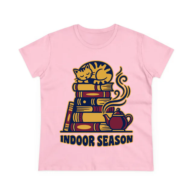 A sleepy cat curled on a stack of books, INDOOR SEASON, on a light pink women's t-shirt