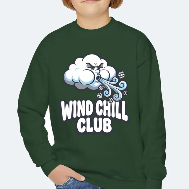 A puffed-cheek cloud blowing a cold gust, WIND CHILL CLUB, on a forest green youth crewneck
