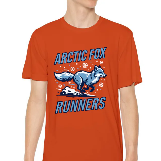 An arctic fox sprinting through the snow, ARCTIC FOX RUNNERS, on an orange youth performance tee
