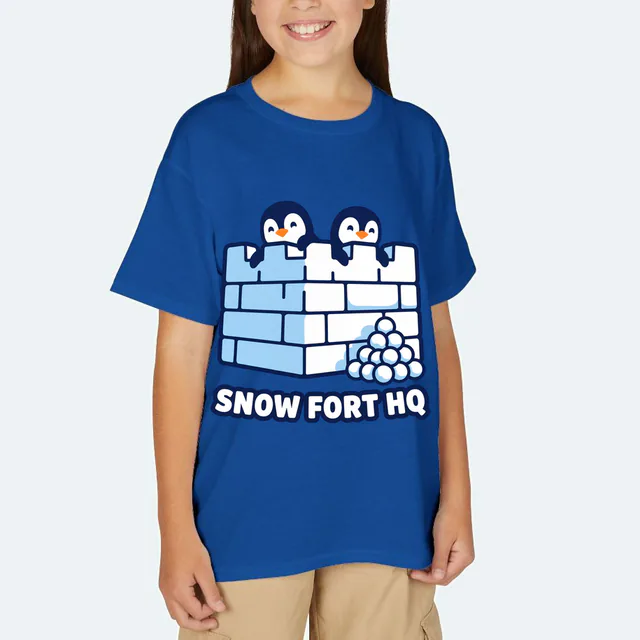 Penguins peeking over a snow fort wall, SNOW FORT HQ, on a royal youth t-shirt
