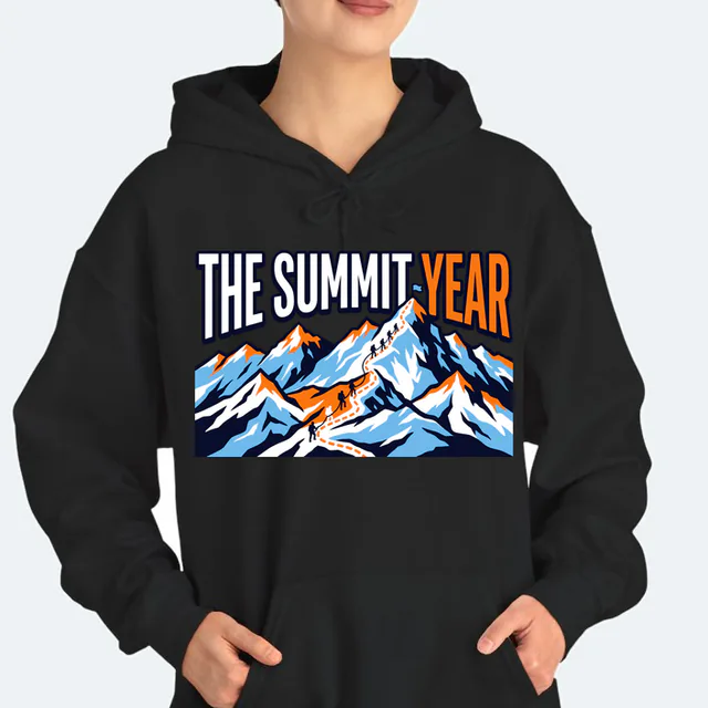 Roped climbers heading for the summit flag, THE SUMMIT YEAR, on a black adult hoodie