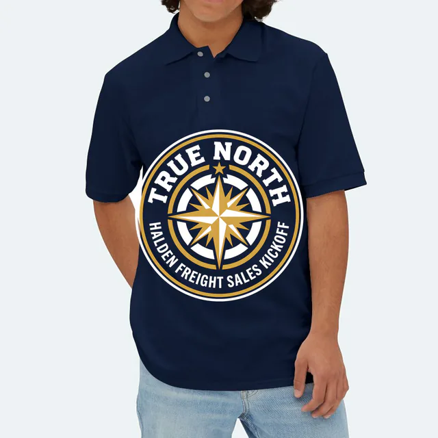 A compass rose emblem for the Halden Freight sales kickoff, on a navy adult polo
