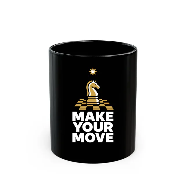 A chess knight on a checkered square, MAKE YOUR MOVE, on a black mug