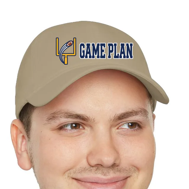 A football through the goalposts beside GAME PLAN, on a khaki dad hat