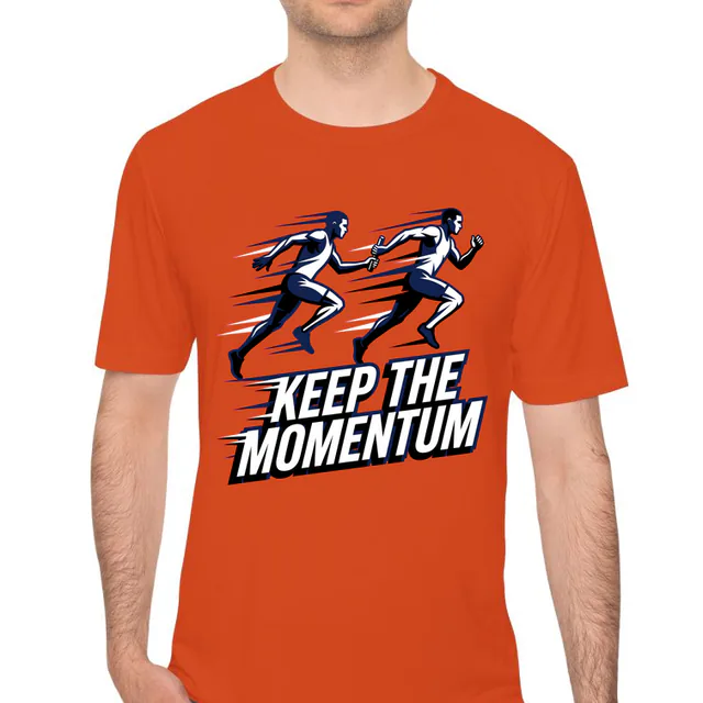 Two runners passing the baton, KEEP THE MOMENTUM, on an orange performance tee