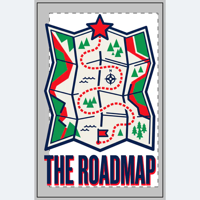 A trail map with a dotted path to a star, THE ROADMAP, on a white dotted notebook