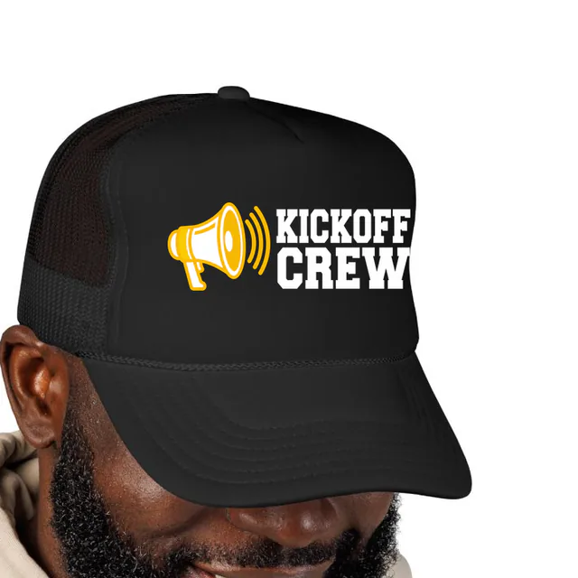 A megaphone beside KICKOFF CREW, on a black foam trucker hat