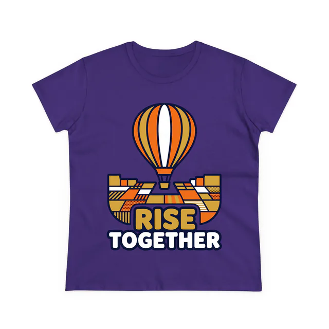 A striped hot air balloon rising, RISE TOGETHER, on a purple women's t-shirt