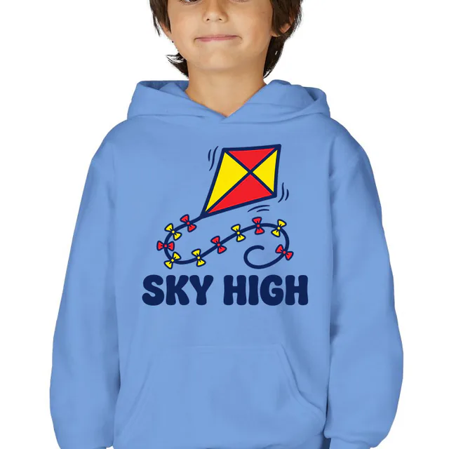 A kite soaring on a long bow tail, SKY HIGH, on a carolina blue youth hoodie