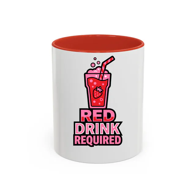 A tall glass of strawberry soda, RED DRINK REQUIRED, on a red accent mug