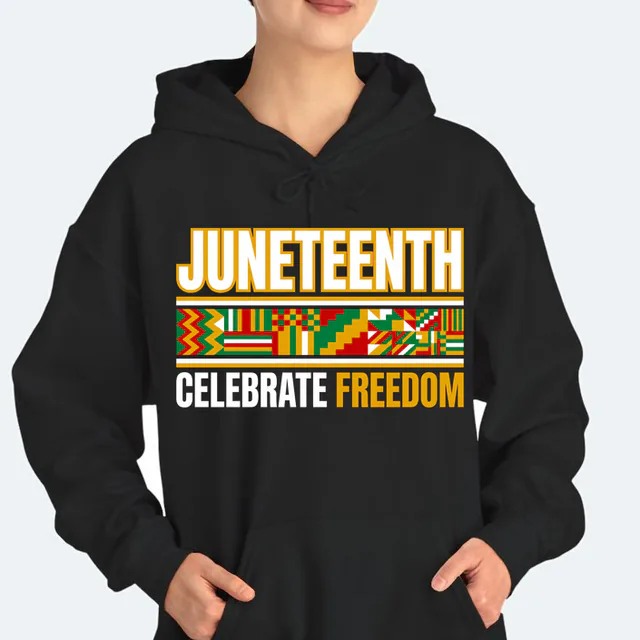 A band of kente-style stripes under JUNETEENTH, on a black adult hoodie