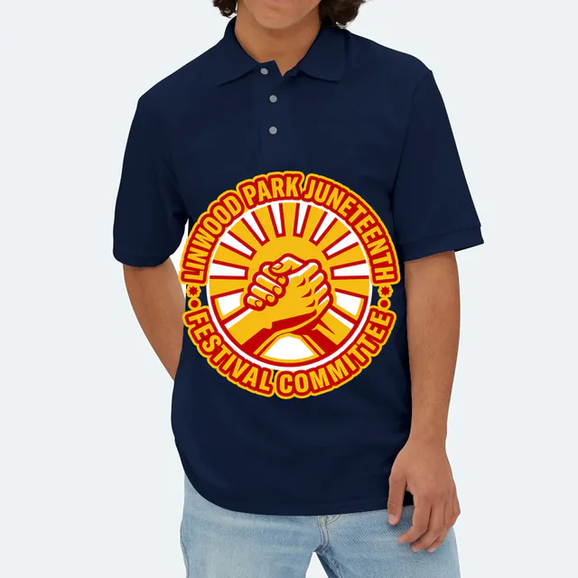 A sun and clasped hands for the Linwood Park festival committee, on a navy adult polo