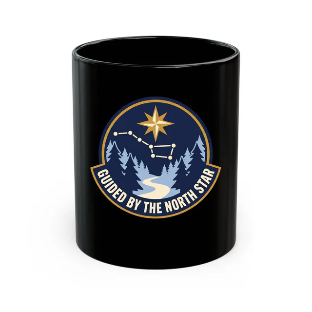 The North Star over a forest path, GUIDED BY THE NORTH STAR, on a black mug