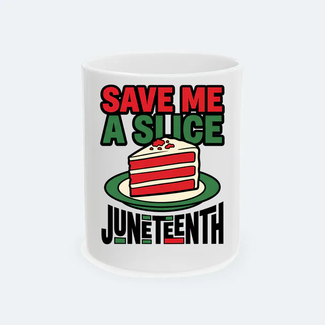 A slice of red velvet cake, SAVE ME A SLICE, on a white ceramic mug