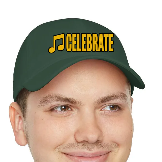 A pair of musical notes beside CELEBRATE, on a dark green dad hat
