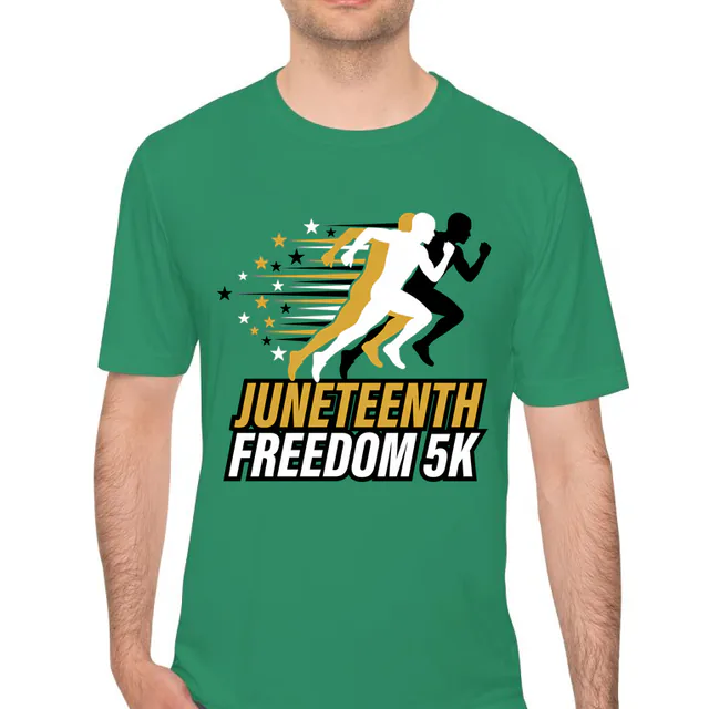 Three runners trailing stars for the Juneteenth Freedom 5K, on a kelly green performance tee