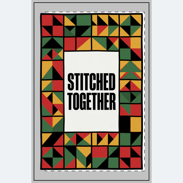 A patchwork quilt around STITCHED TOGETHER, on a white dotted notebook