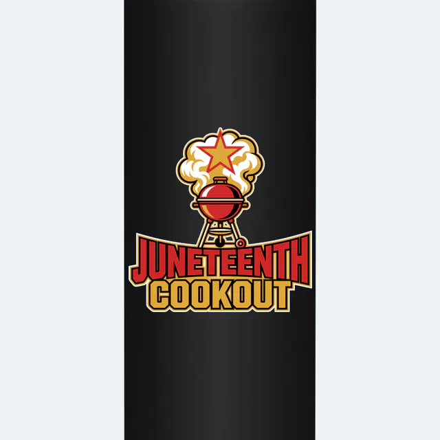 Grill smoke curling into a star, JUNETEENTH COOKOUT, on a black steel tumbler