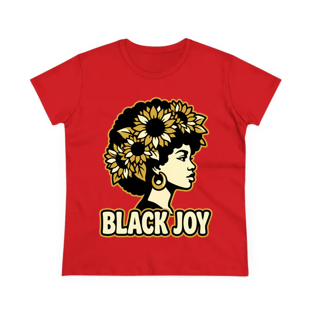 A sunflower crown in a natural afro, BLACK JOY, on a red women's t-shirt