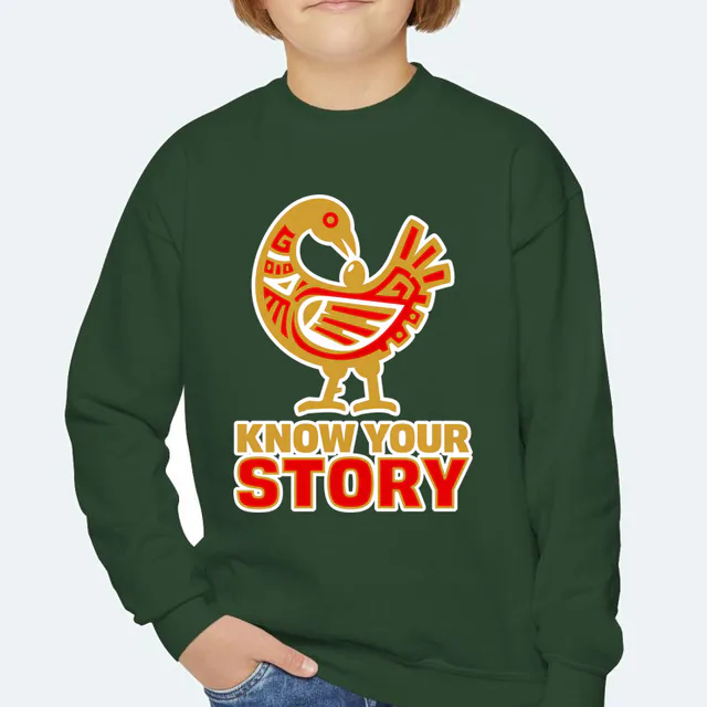 A Sankofa bird looking back, KNOW YOUR STORY, on a forest green youth crewneck
