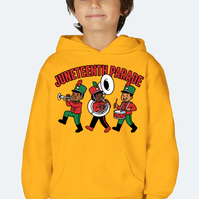 Kids marching with a trumpet and a tuba, JUNETEENTH PARADE, on a gold youth hoodie