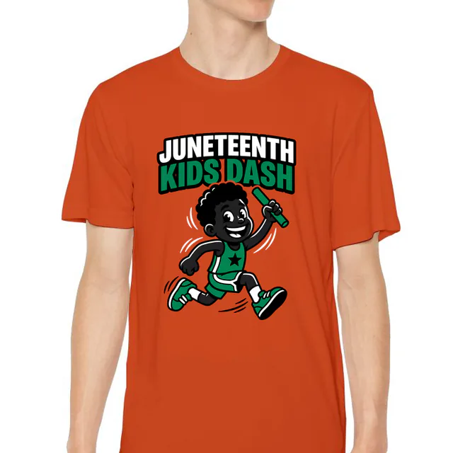 A grinning kid with a relay baton, JUNETEENTH KIDS DASH, on an orange youth performance tee