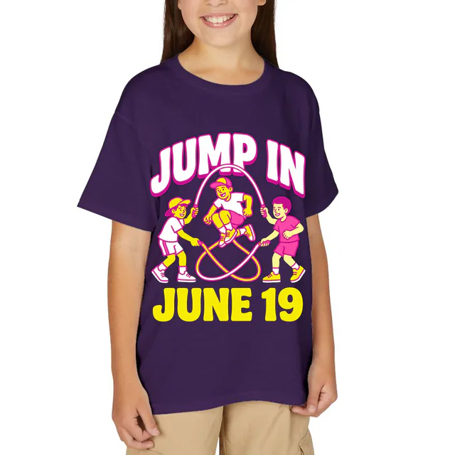 Double dutch in full swing, JUMP IN, on a purple youth t-shirt