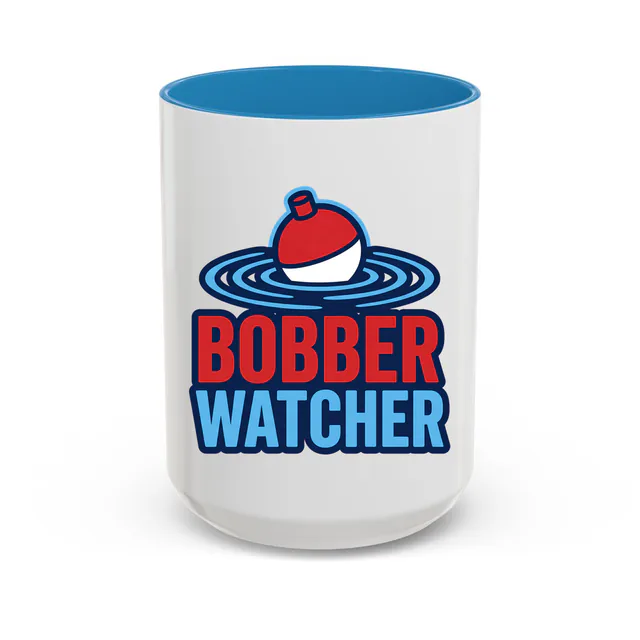 A bobber floating in rings of ripples, BOBBER WATCHER, on a blue accent mug