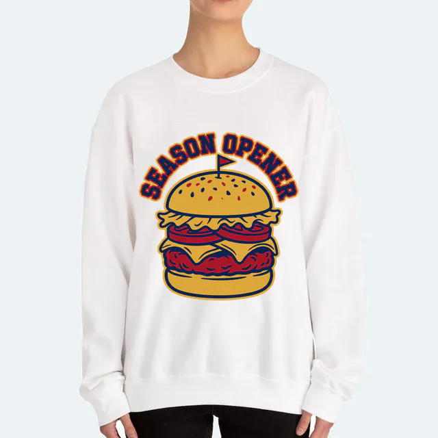 A cheeseburger with a flag pick, SEASON OPENER, on a white adult crewneck