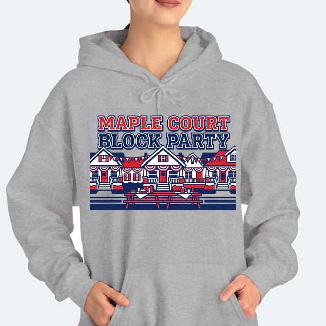 A row of porches strung with bunting, MAPLE COURT BLOCK PARTY, on a sport gray adult hoodie