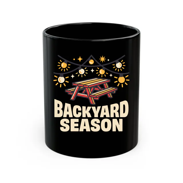 Glowing string lights over a picnic table, BACKYARD SEASON, on a black mug