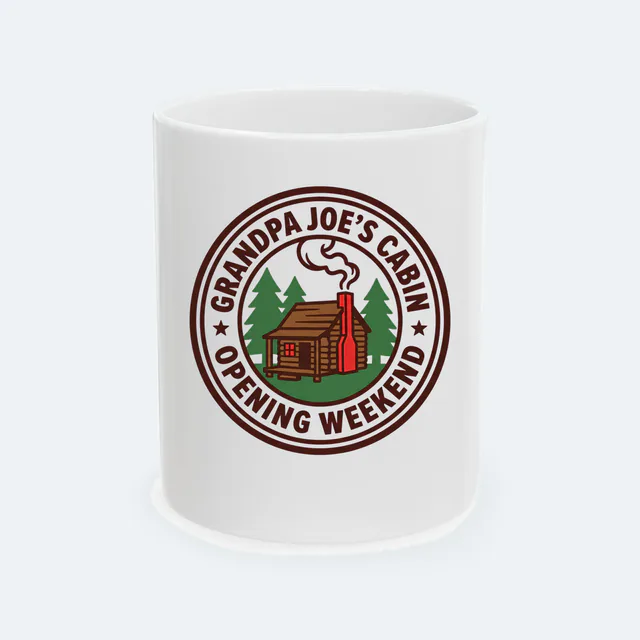 A log cabin badge for GRANDPA JOE'S CABIN opening weekend, on a white ceramic mug