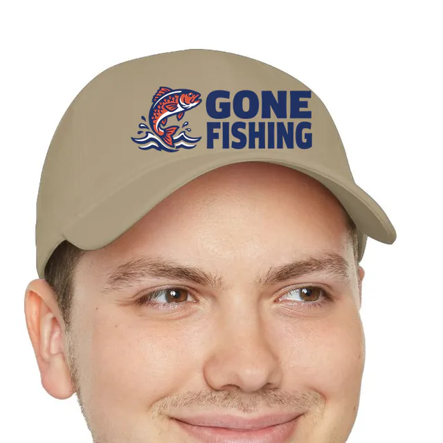 A leaping fish beside GONE FISHING, on a khaki dad hat