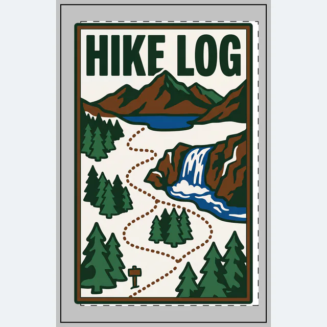 A dotted trail winding up to a mountain lake, HIKE LOG, on a white dotted notebook