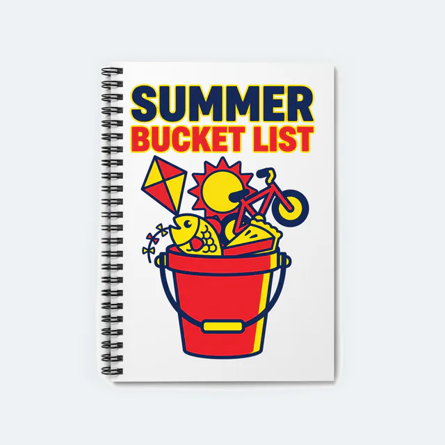 A sand pail overflowing with summer icons, SUMMER BUCKET LIST, on a white spiral notebook