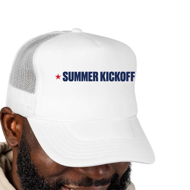 A red star beside SUMMER KICKOFF, on a white foam trucker hat