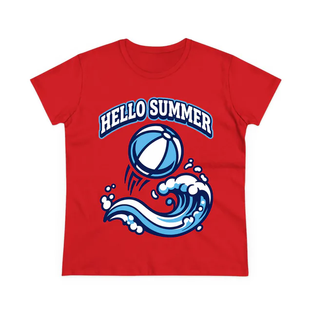 A striped beach ball bouncing over a wave, HELLO SUMMER, on a red women's t-shirt