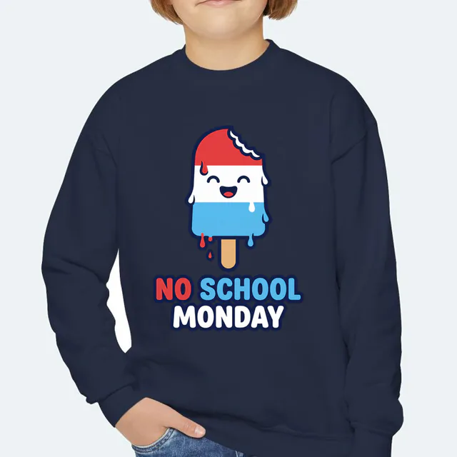 A striped ice pop with a bite gone, NO SCHOOL MONDAY, on a navy youth crewneck