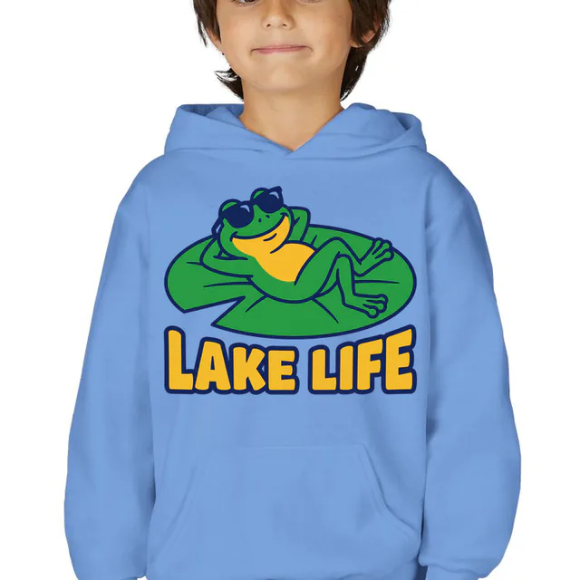 A frog in sunglasses lounging on a lily pad, LAKE LIFE, on a carolina blue youth hoodie
