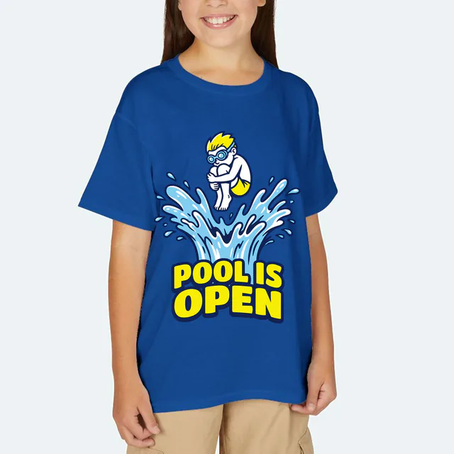 A kid mid-cannonball over a big splash, POOL IS OPEN, on a royal youth t-shirt