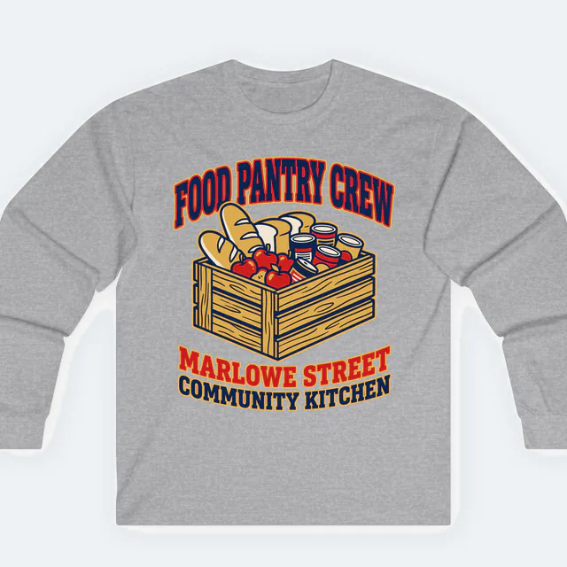 A crate of canned goods and bread, FOOD PANTRY CREW, on a sport gray adult long sleeve