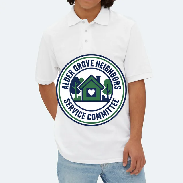A heart-window house emblem for the Alder Grove service committee, on a white adult polo