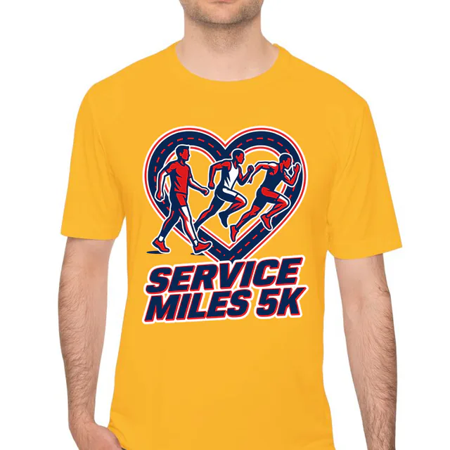 Runners and a walker on a heart-shaped road, SERVICE MILES 5K, on a gold performance tee