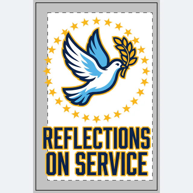 A dove with a sprig of leaves, REFLECTIONS ON SERVICE, on a white dotted notebook